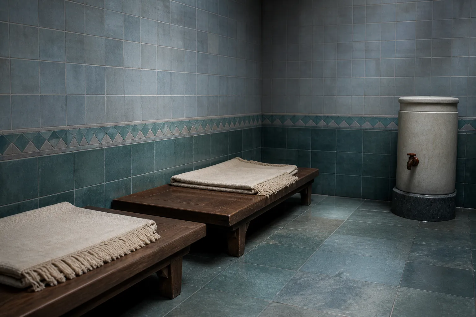 Dim rest room off a thermal hall, low wooden daybeds with folded cotton throws, a water dispenser in the corner, blue-grey wall tiles, no people, 1600x1000