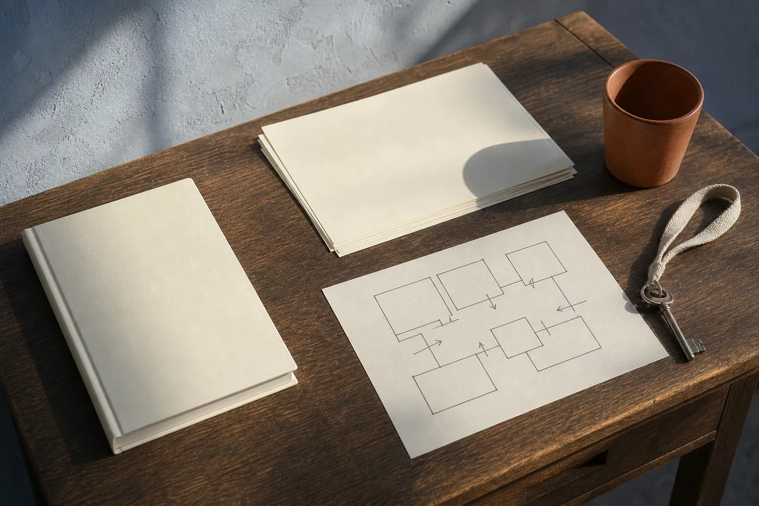 Wooden editor desk with an open notebook, a house floor plan marked in pencil, a metal locker key on a cotton strap, and a ceramic cup, late afternoon side light, 1600x1000