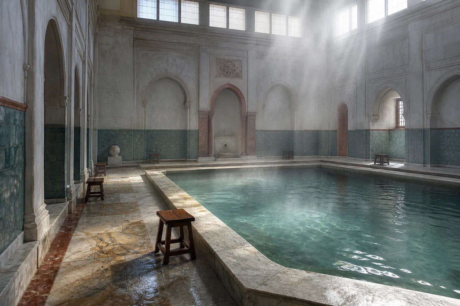 Nearly empty indoor thermal hall in mid-morning, wide stone pool with a few ripples, scattered wooden stools, pale steam under clerestory windows, 1600x1000