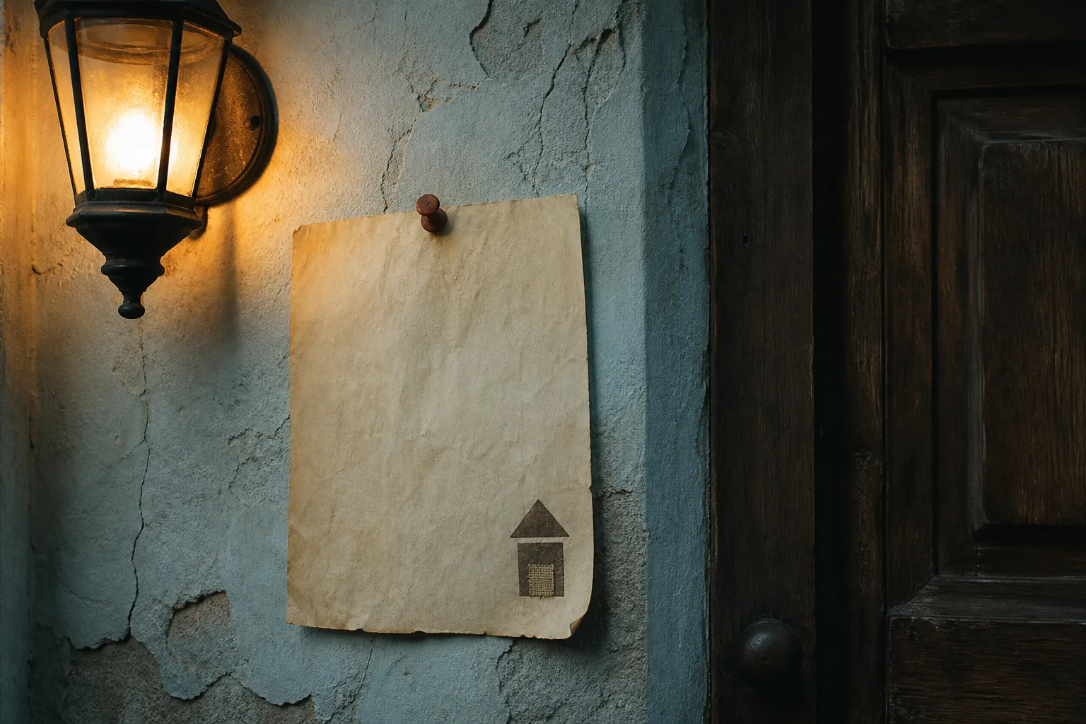 Faded paper house notice pinned to cracked plaster beside a dark wooden door, mixed type sizes, a small cloth pictogram, warm corridor lamp, 1600x1000