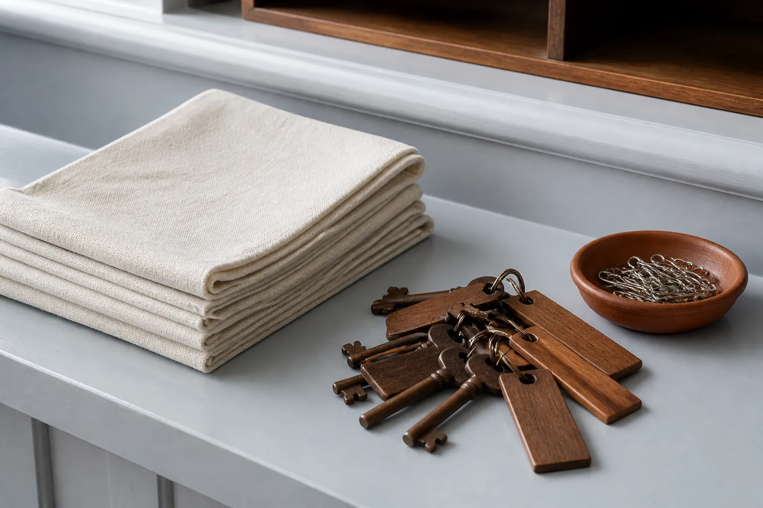 Stack of folded undyed house cloths next to numbered wooden locker keys on a reception counter, small ceramic dish of safety pins, soft indoor light, 1600x1000