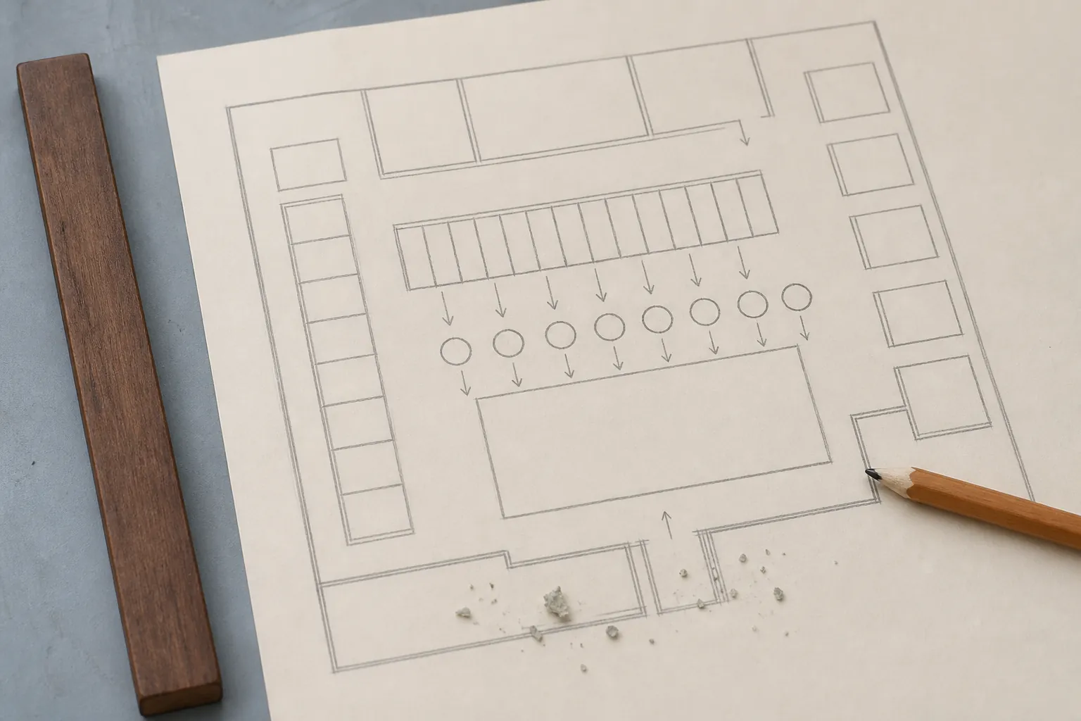 Close view of a bathhouse floor plan on cream paper, pencil arrows from locker row to wash stools to pool edge, eraser crumbs, a wooden ruler along the margin, 1600x1000