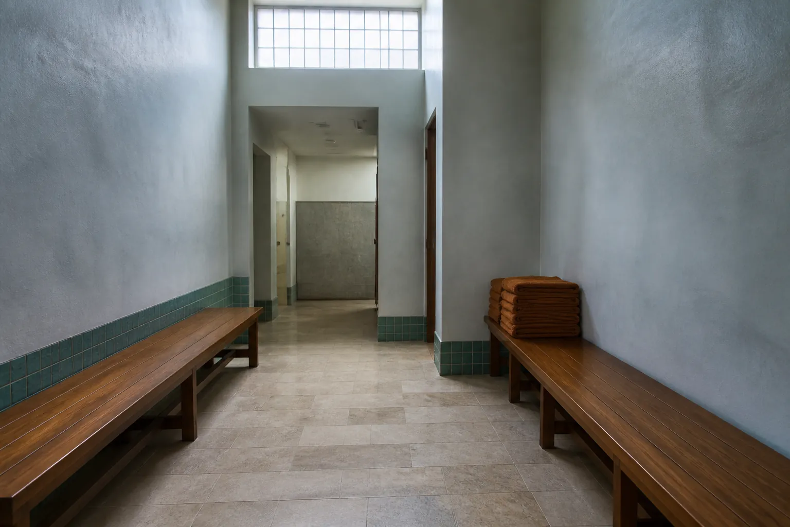 Empty bathhouse side corridor before opening, long wooden benches against plaster walls, stacked house cloths at one end, cool daylight from a high transom window, 1600x1000