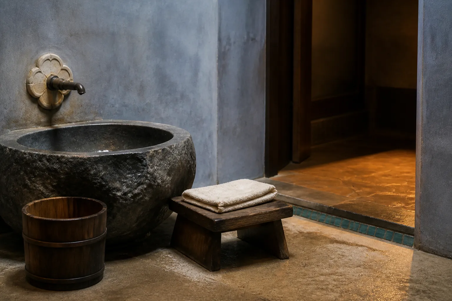 Close view of a dark stone washbasin and a low wooden stool beside a bathhouse entrance, a small wooden bucket, a neatly folded cloth, water droplets on the stone, warm side light, no people, 1600x1000