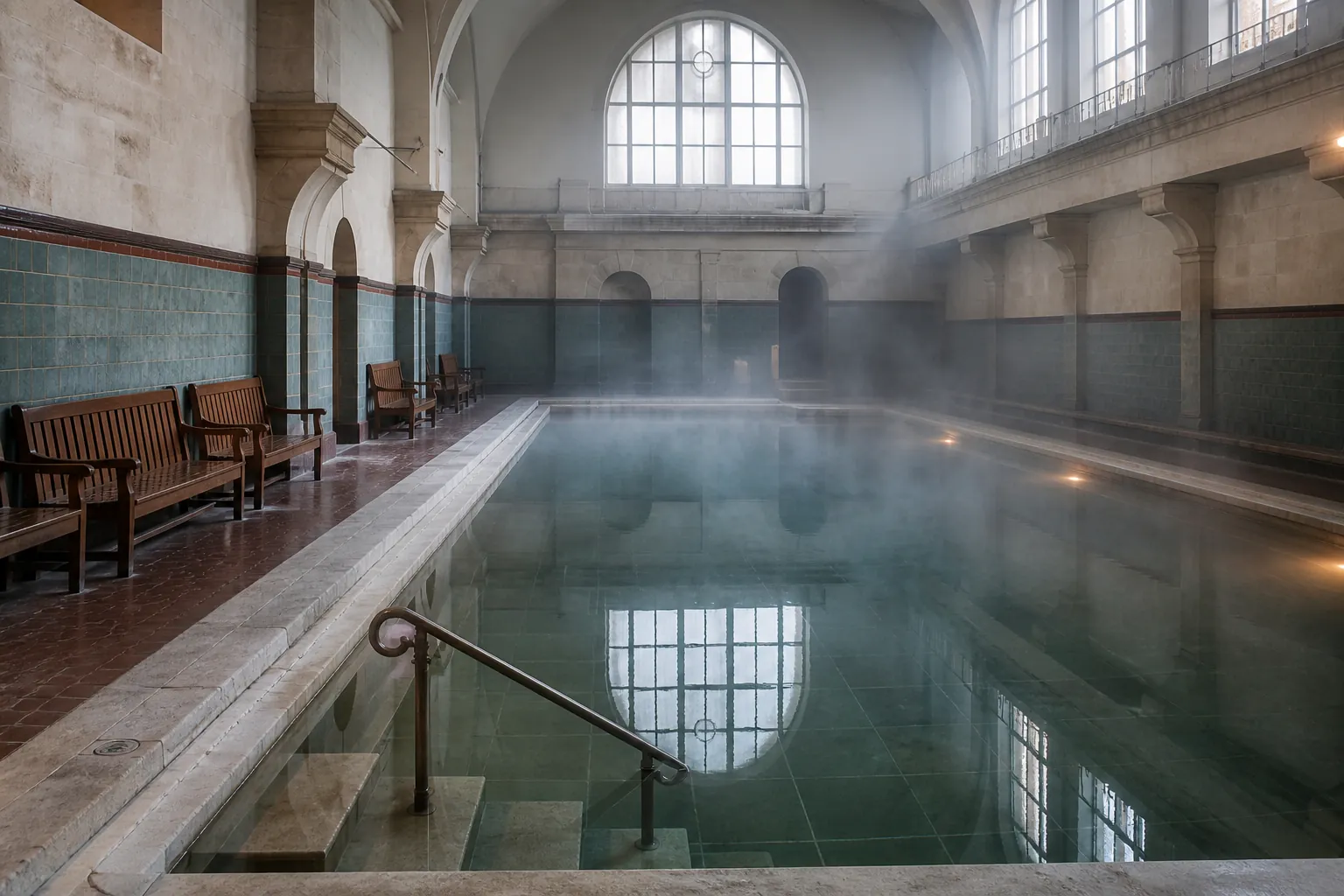 Wide indoor thermal hall at early morning, still water in a rectangular stone pool reflecting clerestory windows, light steam above the surface, empty wooden benches along the left wall, pale limestone and muted teal tiles, no people in the frame, 1920x1080