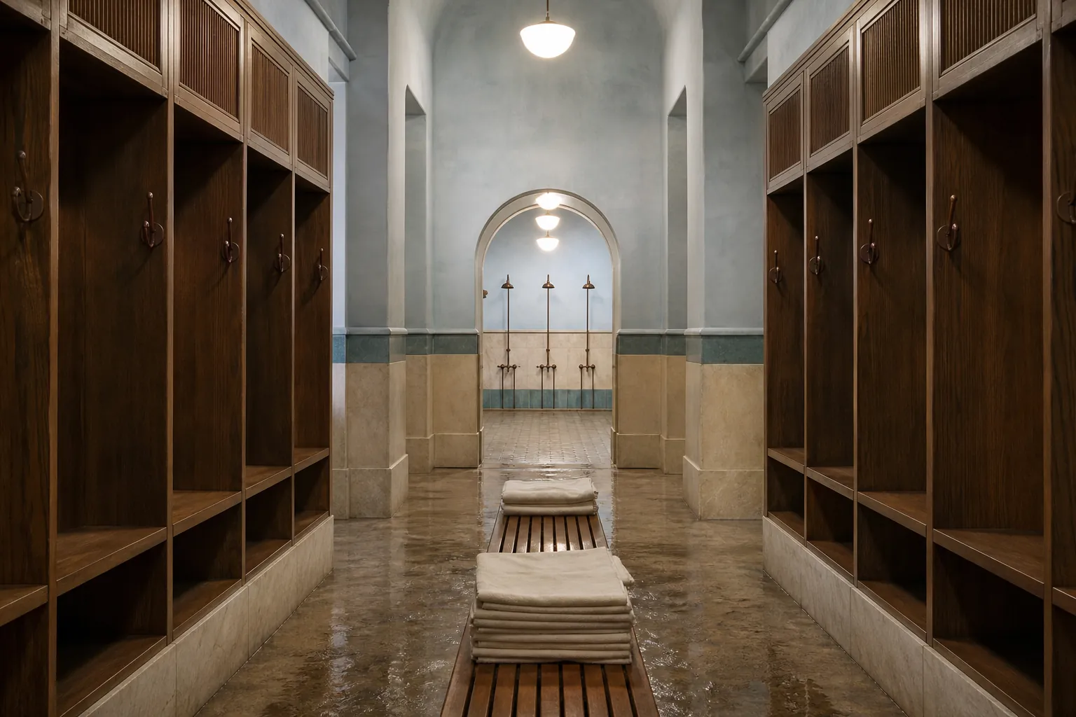 Long changing-room corridor with two rows of open wooden lockers, folded cotton towels on a slatted bench, a row of shower taps visible through an arch at the far end, warm overhead lamps, wet stone floor shining, 1600x1000